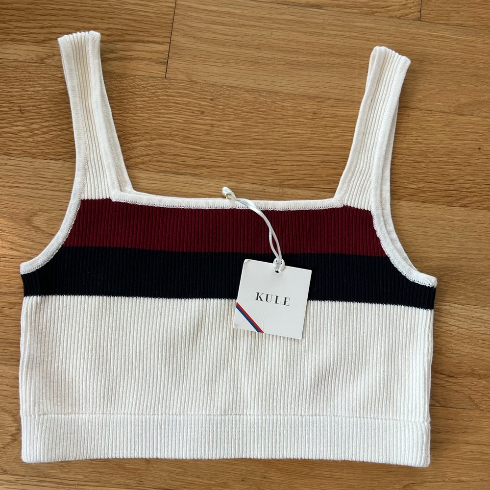 KULE Ribbed Cropped Top in Creme/Burgundy - Size XS